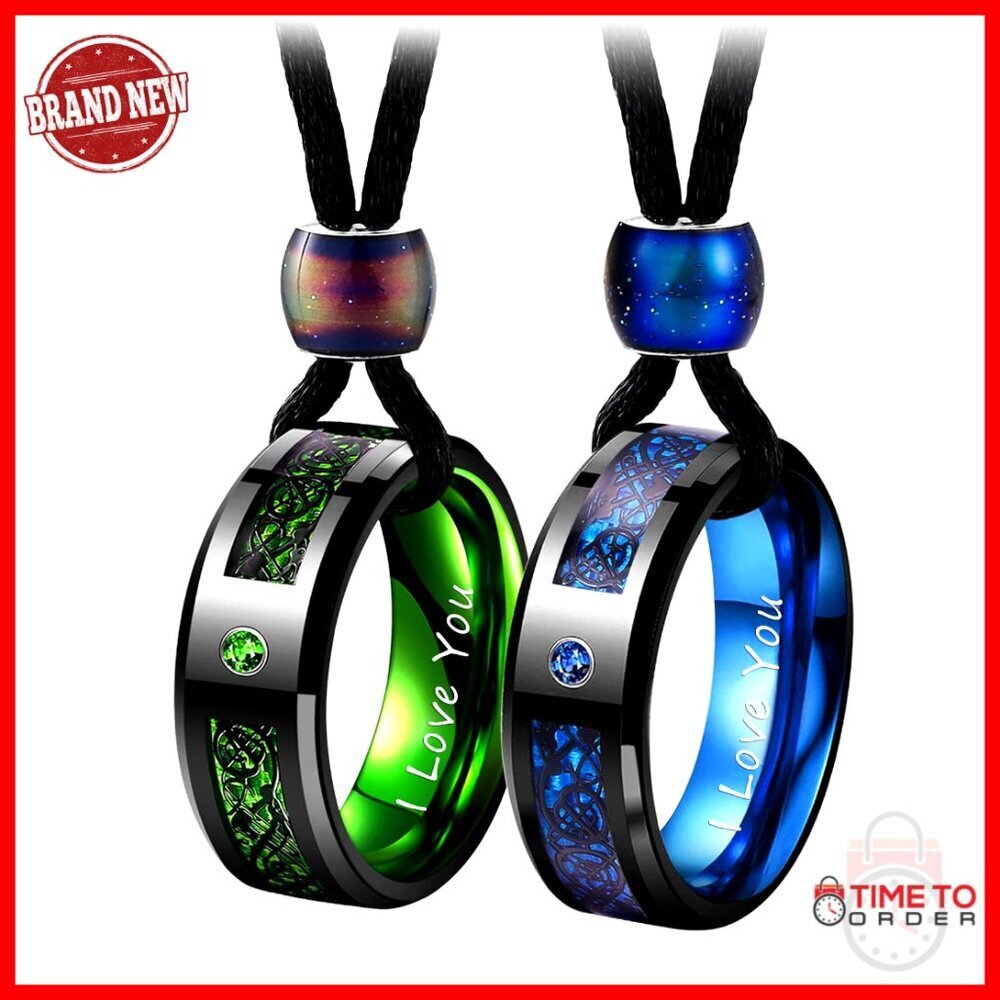 Tungsten Steel Couple Necklace Set with Mood Bead, Wedding Ring Pendant